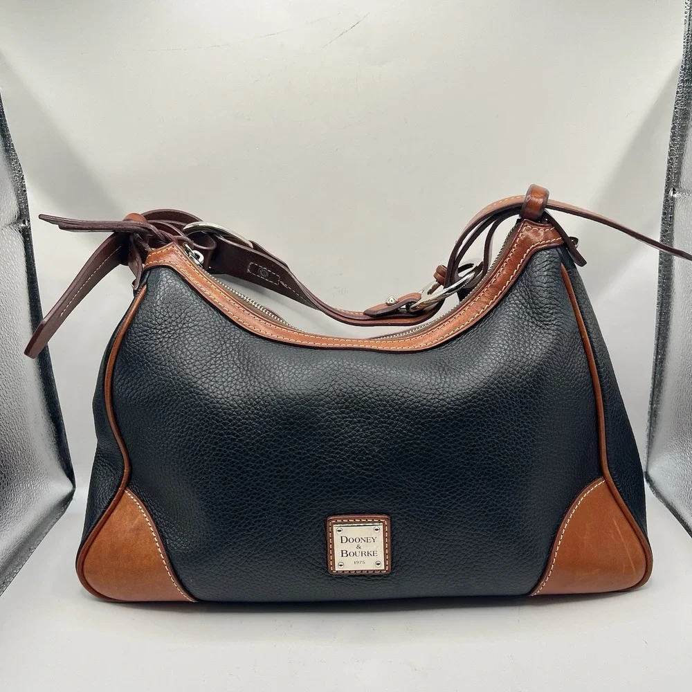 Dooney & Bourke Black and Brown Pebbled Leather Harrison Hobo Bag